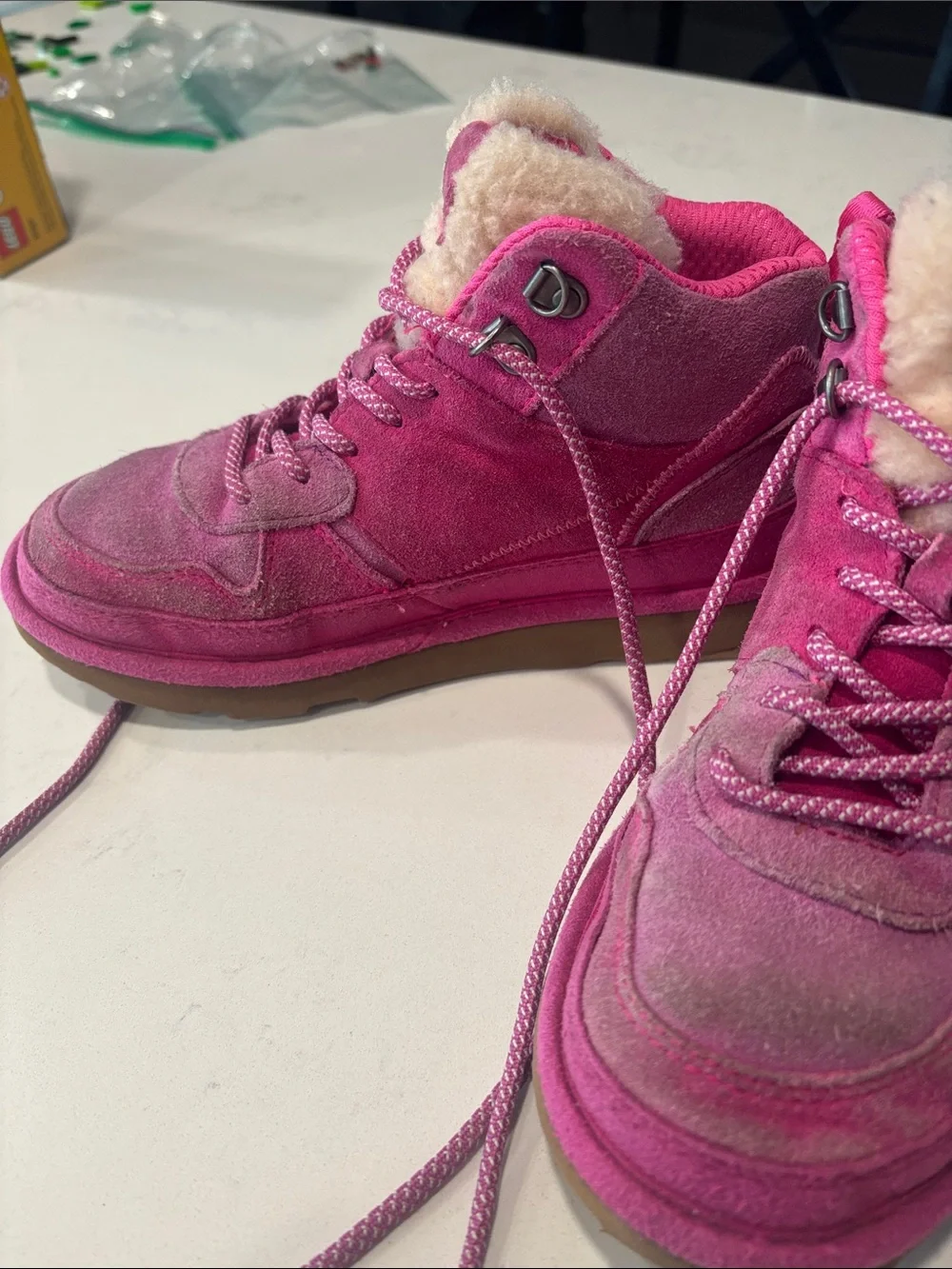 UGG Kids Hot Pink Suede Shearling-Lined Lace-Up Boots